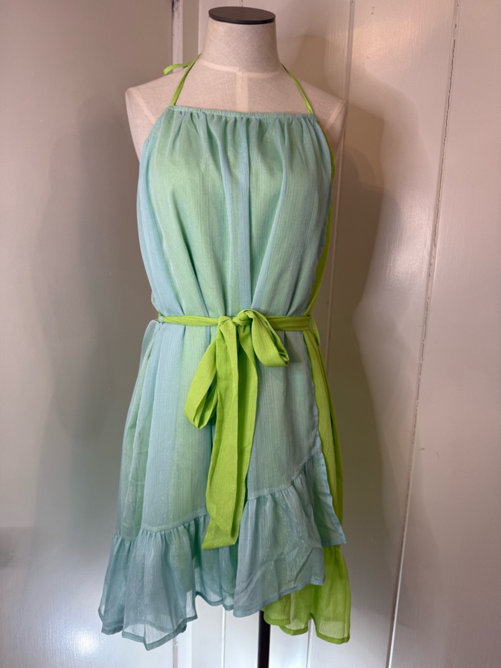 Light Aqua Halter Shimmery Dress with Lime Tie-Waist NWT SZ M